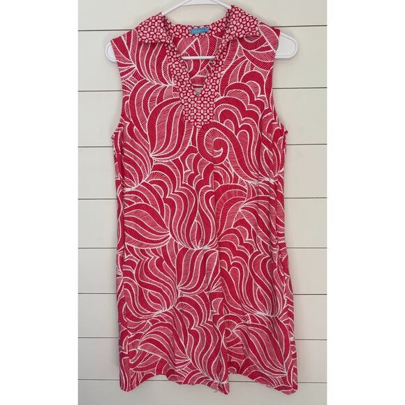J. MCLAUGHLIN DRESS SMALL GEOMETRIC‎ CORAL WHITE POCKETS GOLF TENNIS STRETCH - Picture 1 of 5